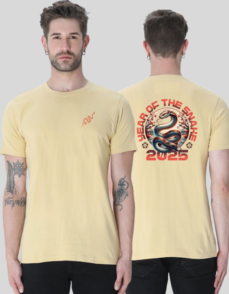Men's Year of snake 2025 beige color graphic T-shirt