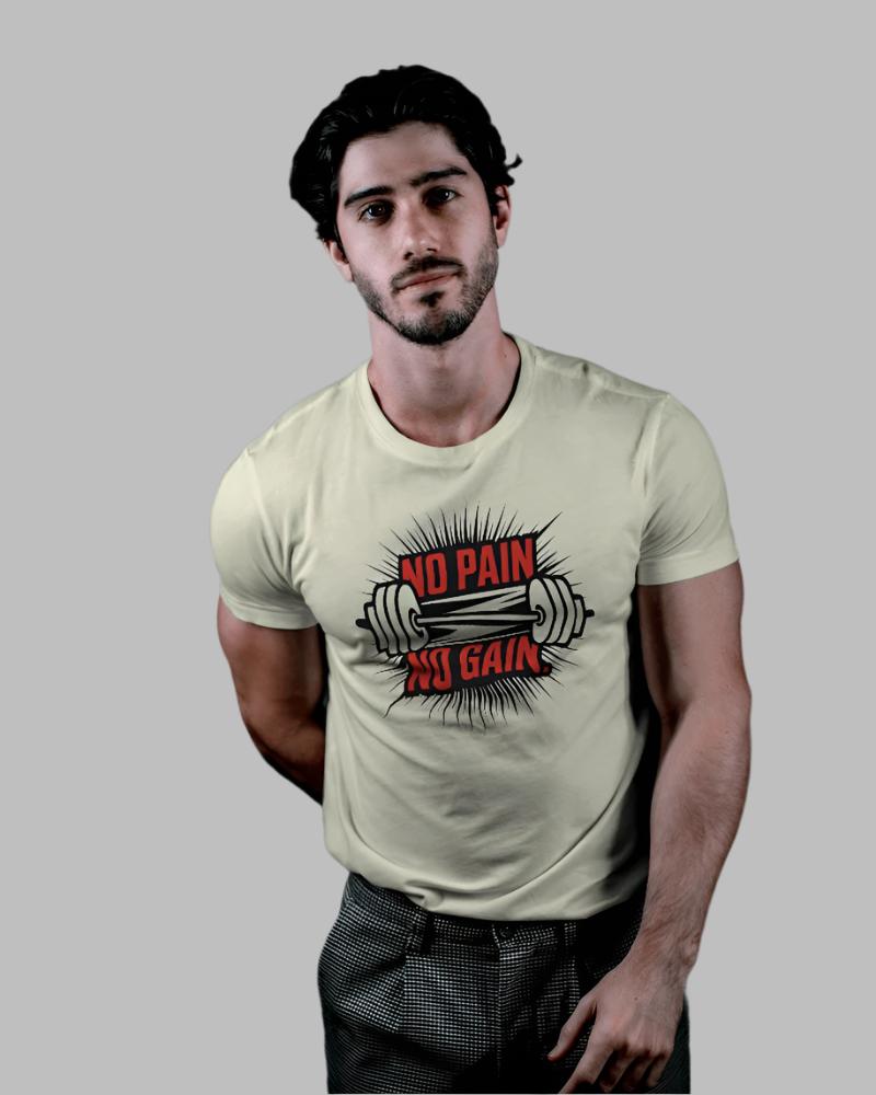 Men's No pain No Gain Beige Colour T-shirt