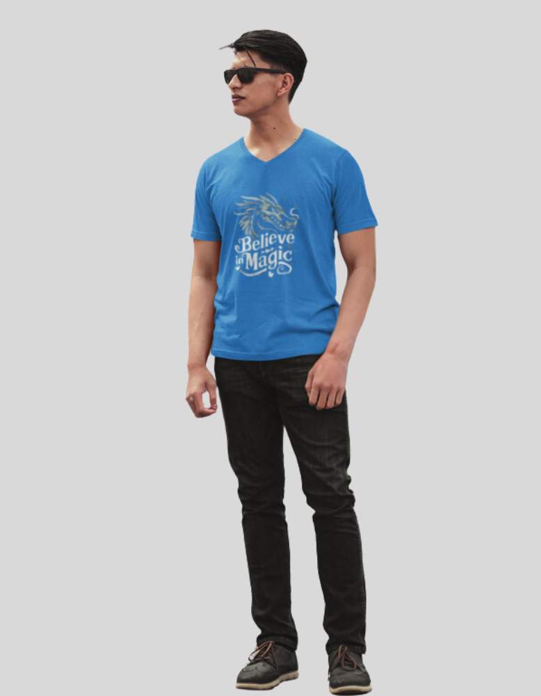 Men_s_believe_in_magic_Blue colour _vneck_tshirt