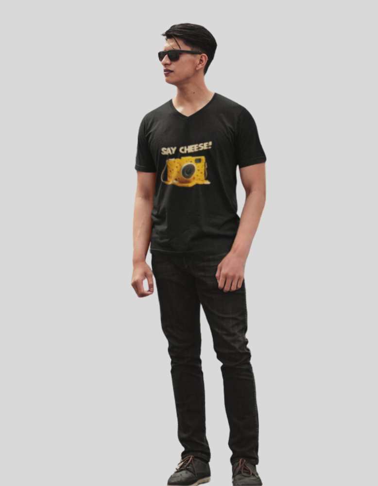Men_s_say_cheese_black colour vneck_shirt