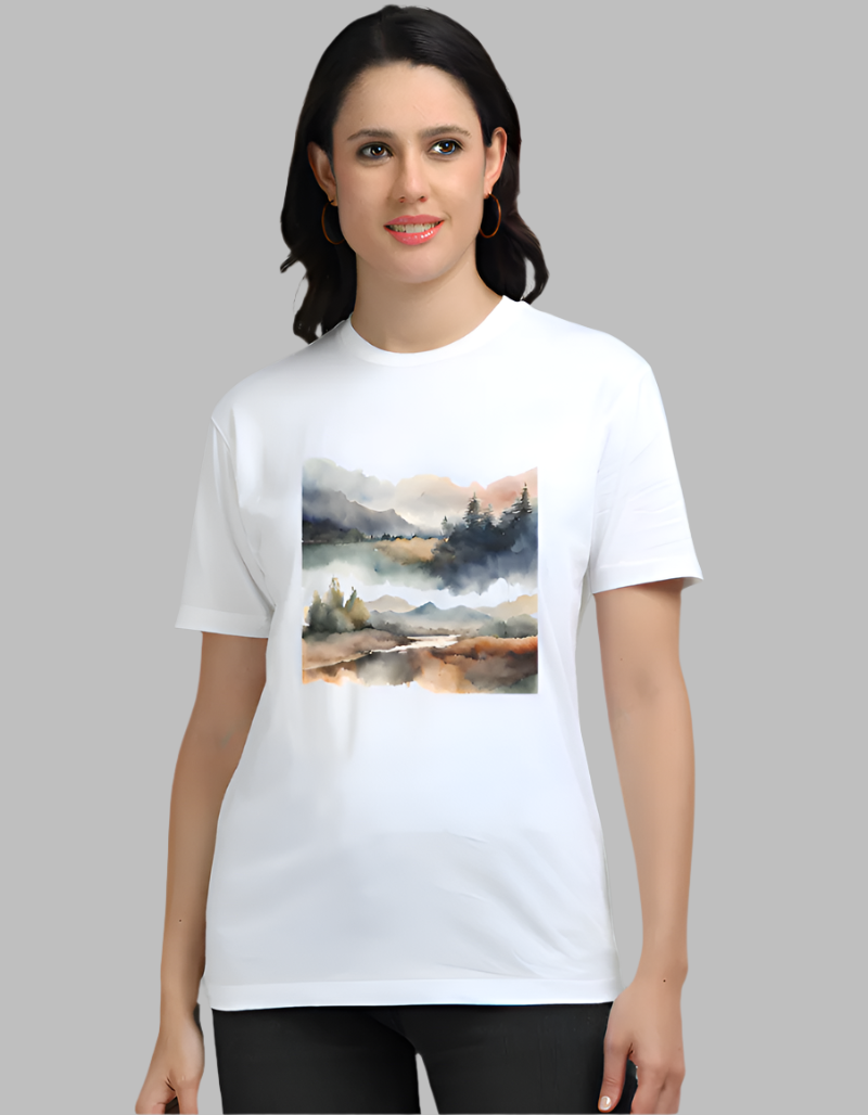 Women's Watercolour landscape White colour Supima cotton Graphic tshirt