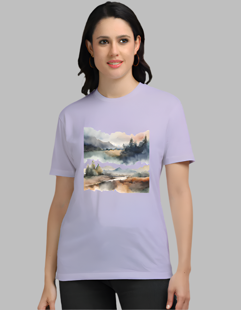 Women's Watercolour landscape Lavender colour Supima cotton Graphic tshirt