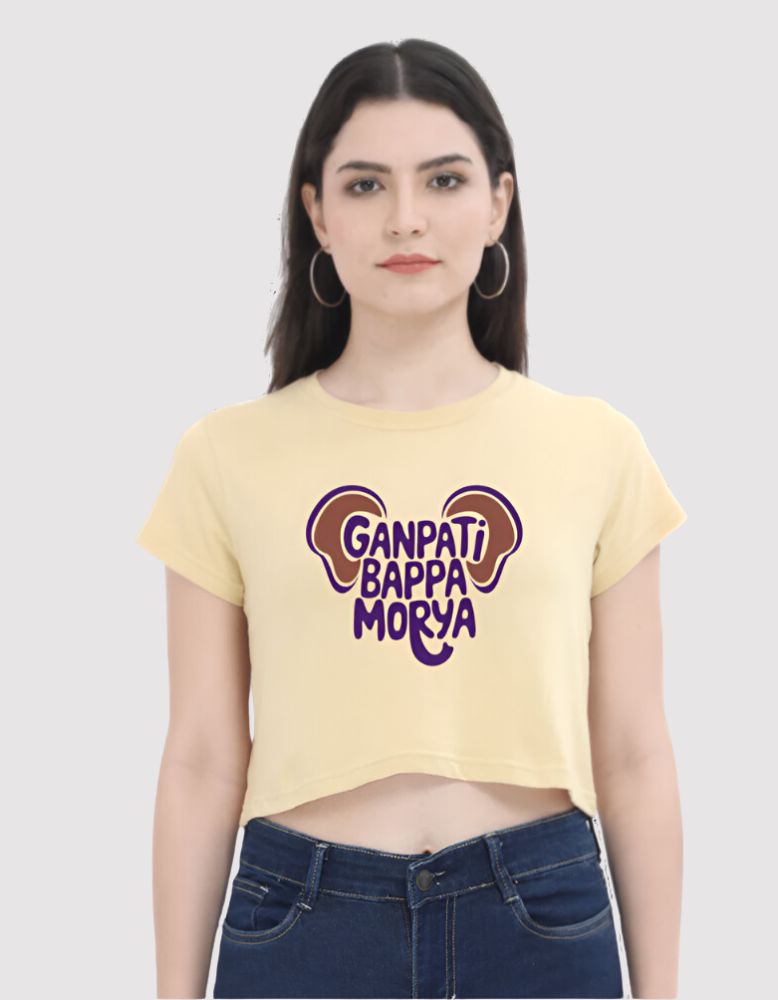 Women's Ganpati Bappa Morya Beige colour crop top