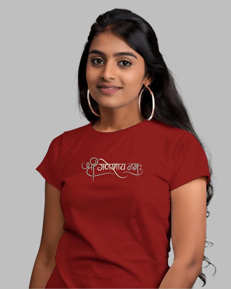 Women's Shree ganeshaya namah maroon colour tshirt
