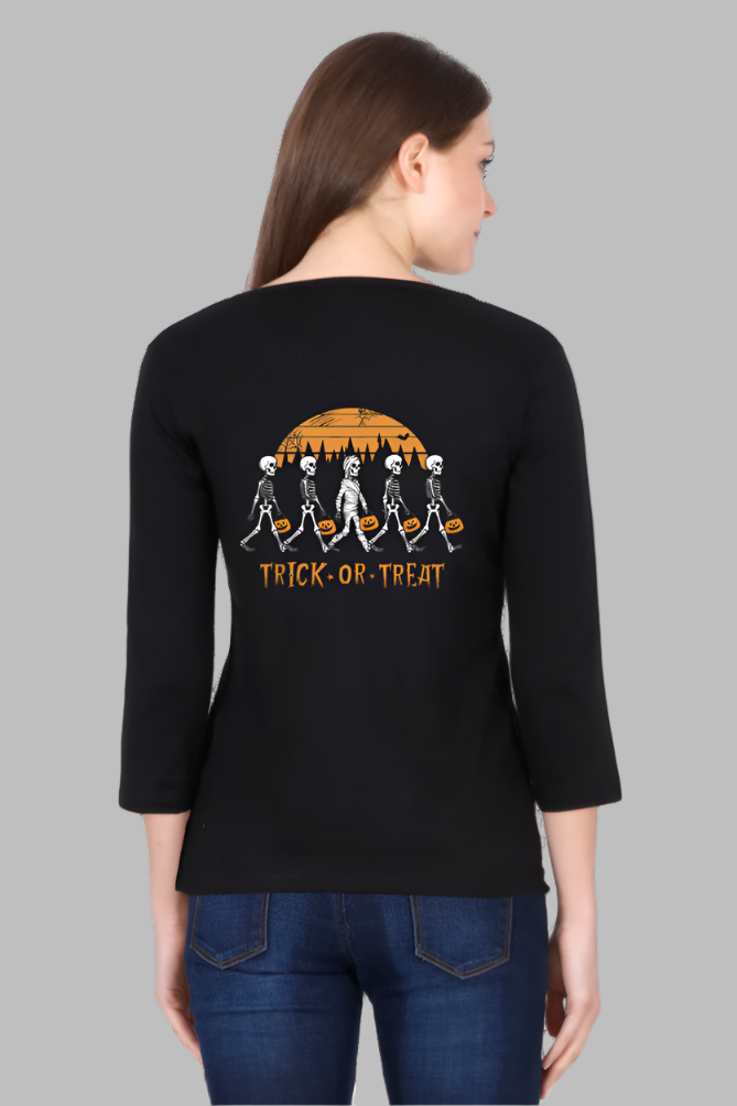 Women's trick or treat black color back 3/4 sleeve tshirt
