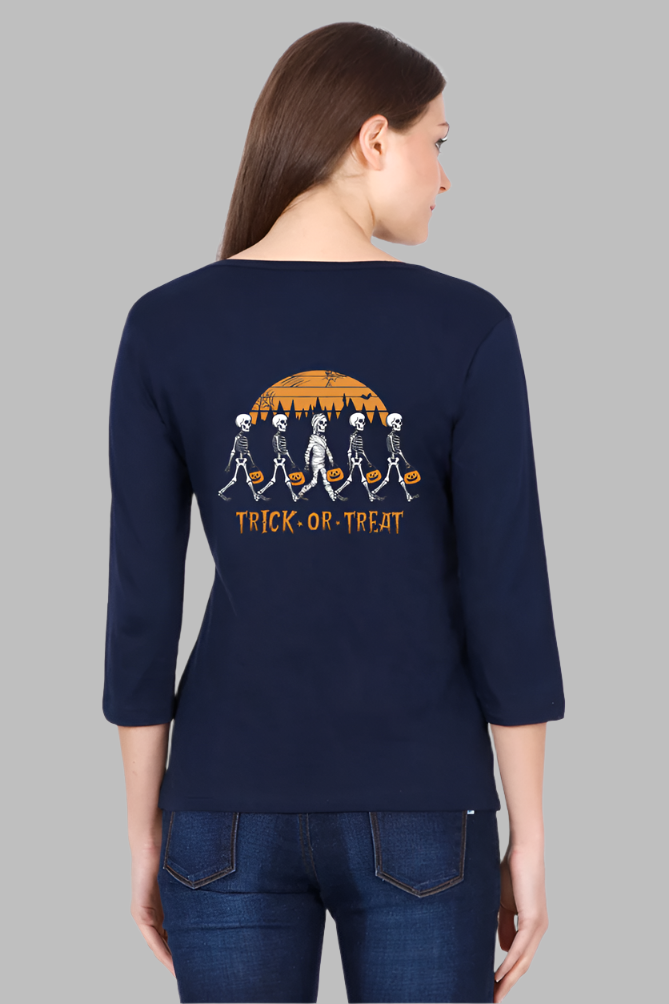 Women's trick or treat blue color back 3/4 sleeve tshirt