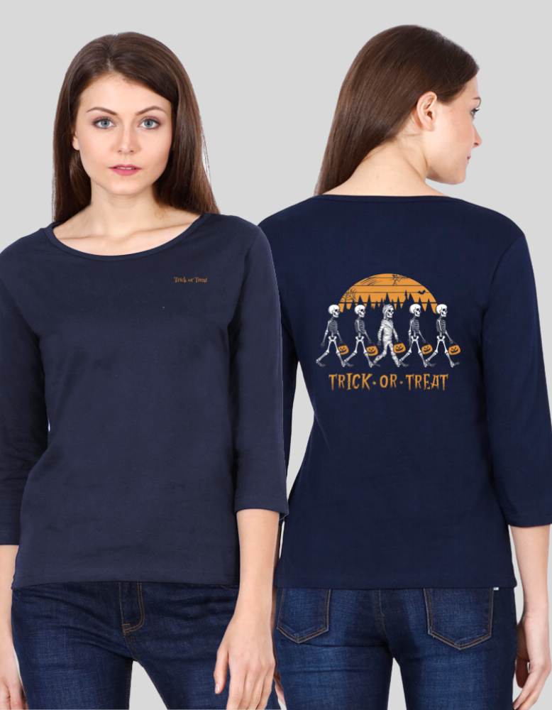 Women's trick or treat blue color front 3/4 sleeve tshirt