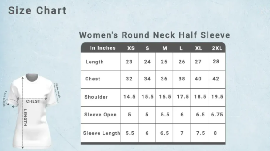 Women's Round neck half sleeve t-shirt size chart
