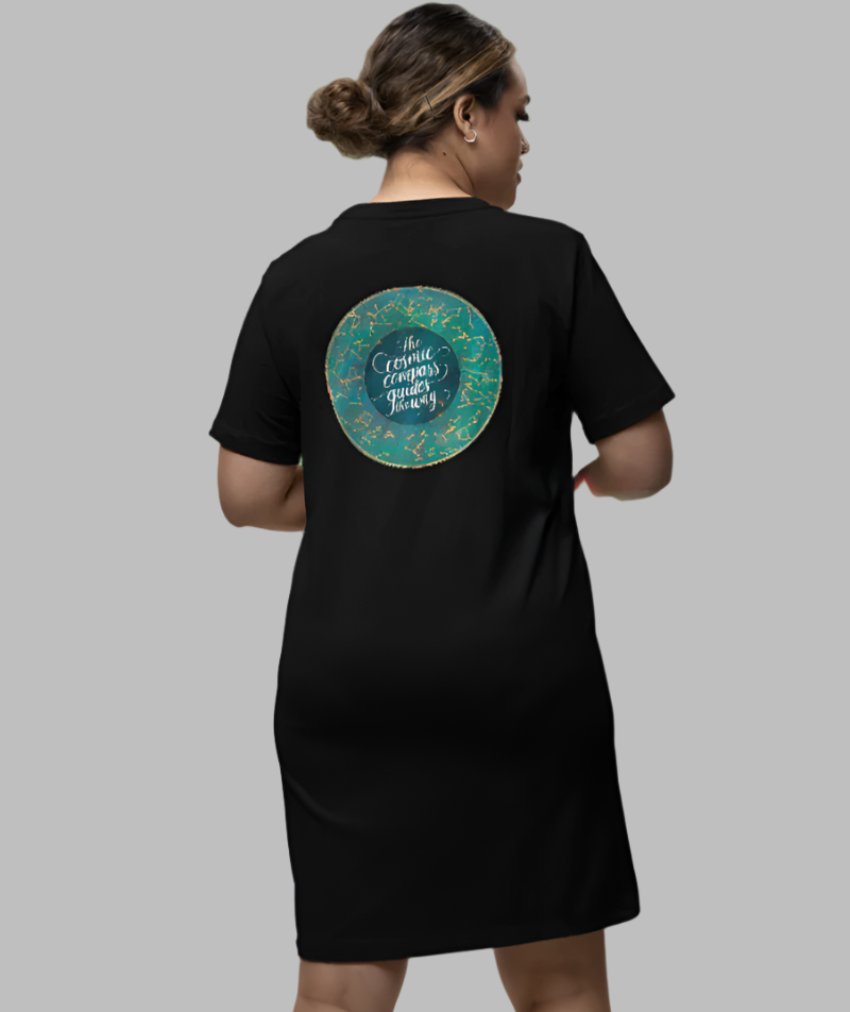 women's Cosmic Compass black colour t-shirt dress