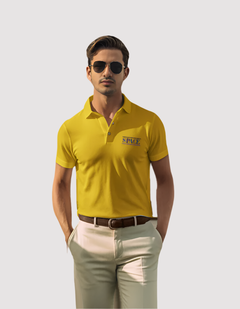 Men's Space design Yellow colour front polo T-shirt