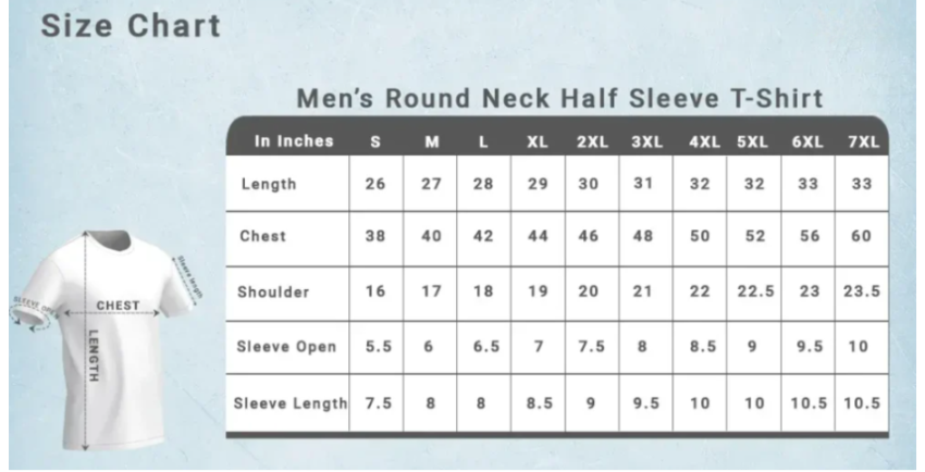 Men's Round neck half sleeve t-shirt Size chart