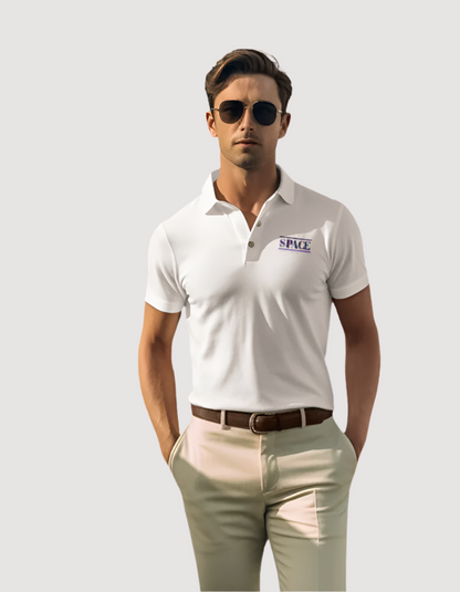 Men's Space design White colour front polo T-shirt