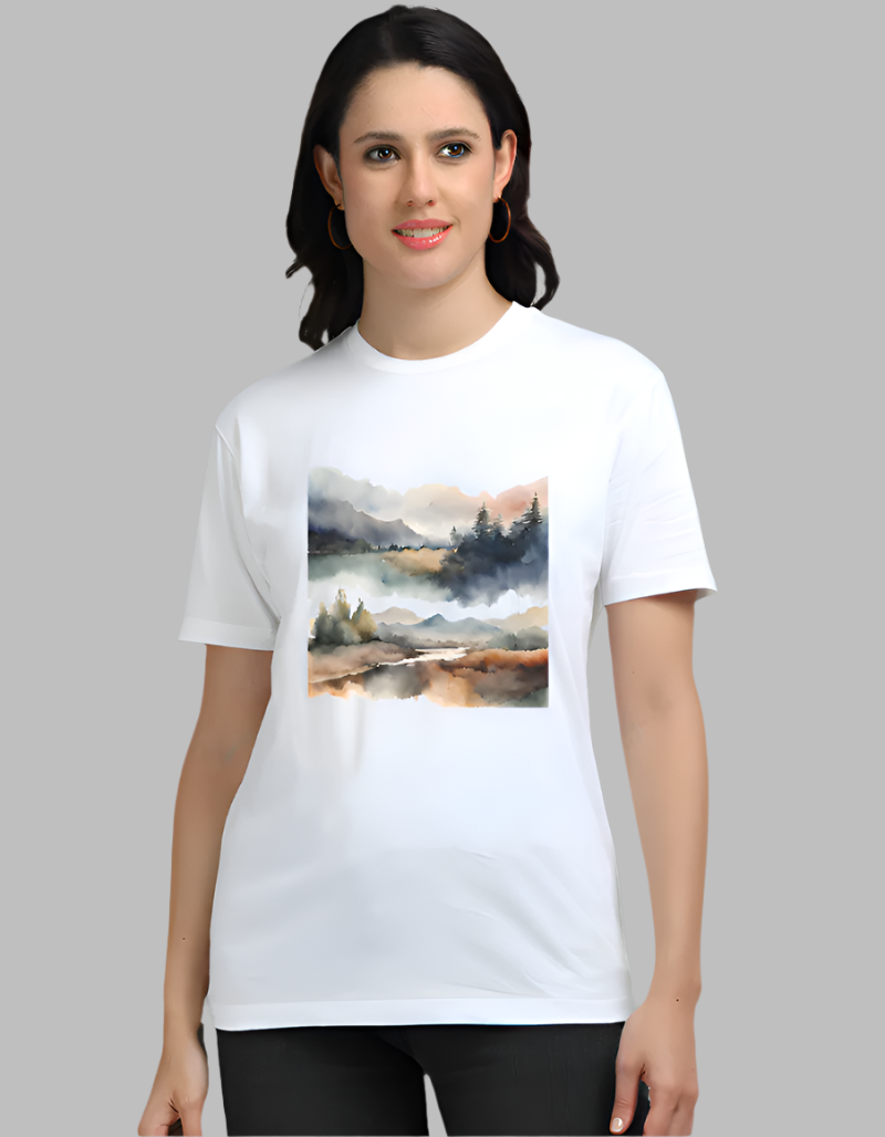 Women's Watercolour  landscape  White colour Supima cotton Graphic tshirt