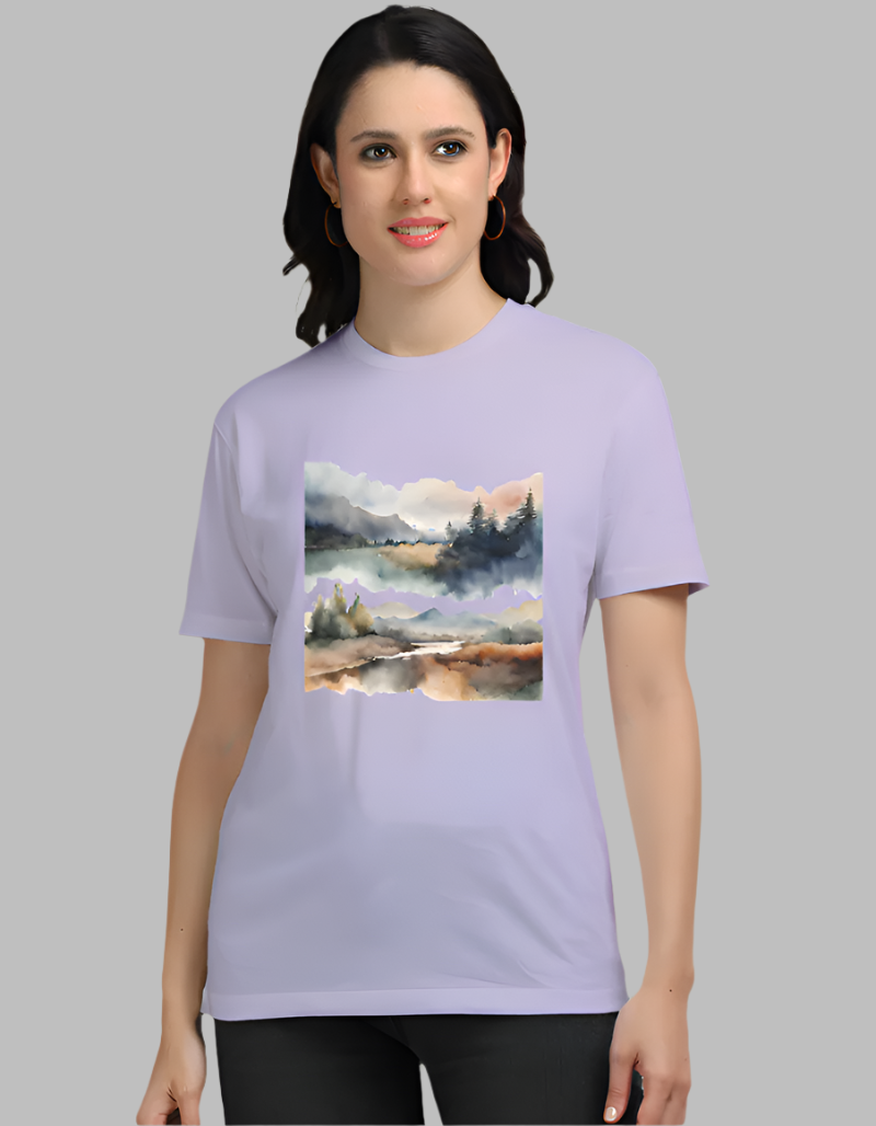 Women's Watercolour  landscape  Lavender colour Supima cotton Graphic tshirt