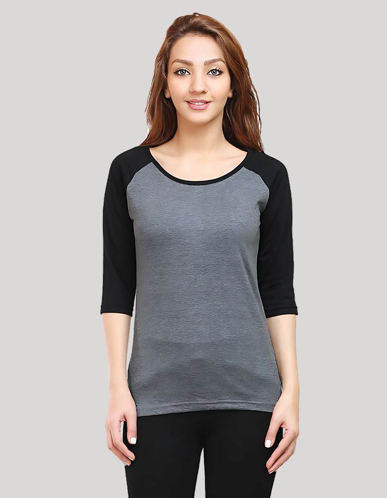 Women's  Black Charcoal Melange Raglan 3/4 Sleeve T-shirt