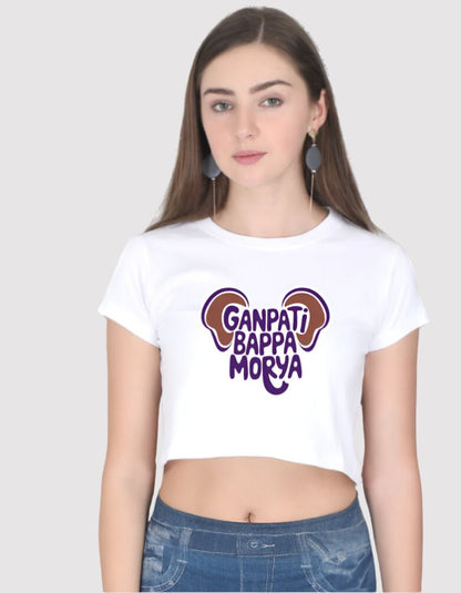 Women's Ganpati Bappa Morya White colour crop top