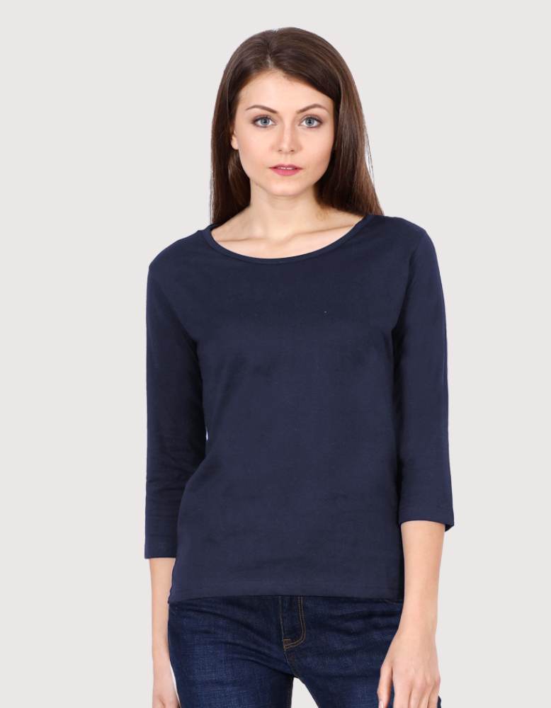 Women's solid Navy blue Colour  3/4 sleeve tshirt