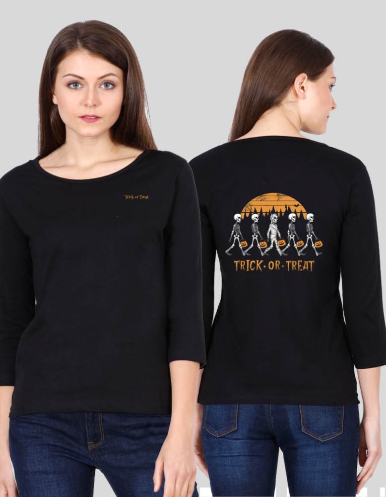 Women's trick or treat black color  3/4 sleeve tshirt