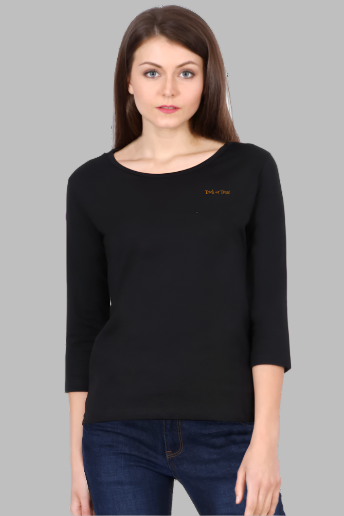 Women's trick or treat black color front 3/4 sleeve tshirt