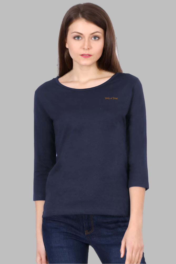 Women's trick or treat blue color front 3/4 sleeve tshirt